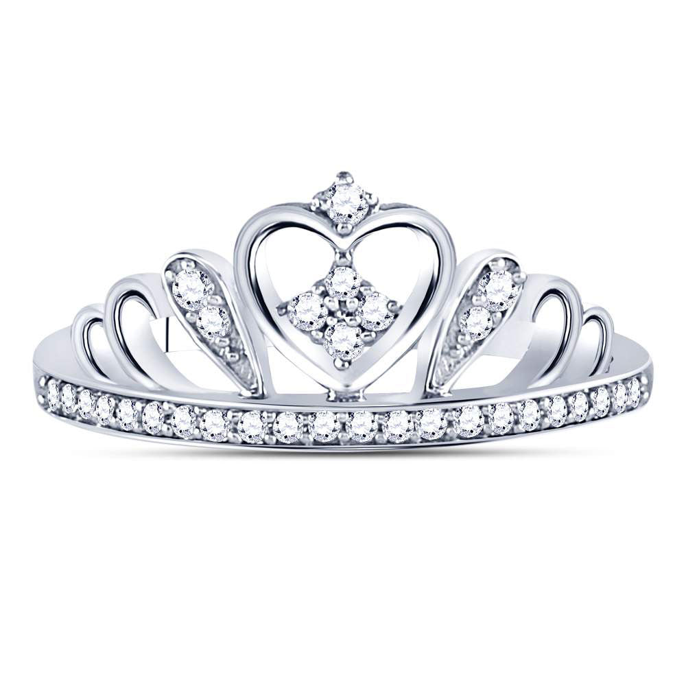 Sterling Silver Womens Round Diamond Crown Tiara Heart Ring 1/6 Cttw 7 Daisy Joyeria