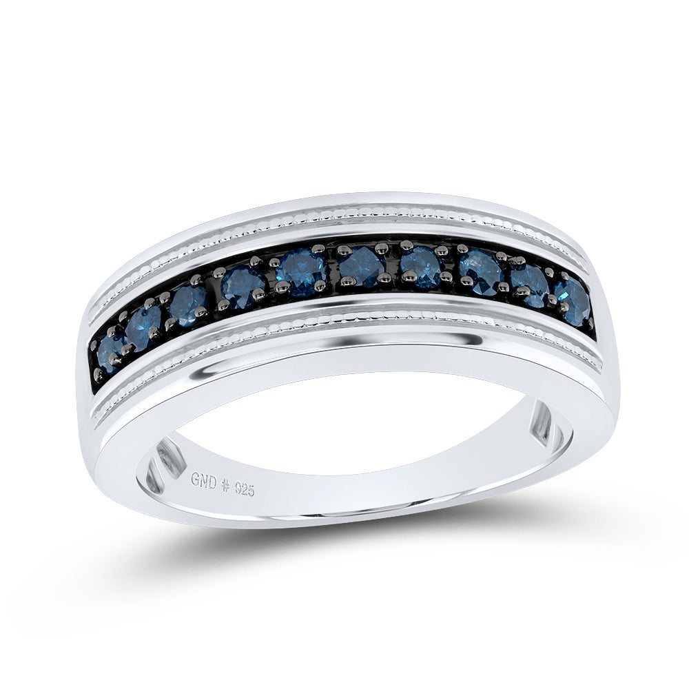 Sterling Silver Mens Round Blue Color Enhanced Diamond Wedding Anniversary Band 1/2 Cttw 10 Daisy Joyeria