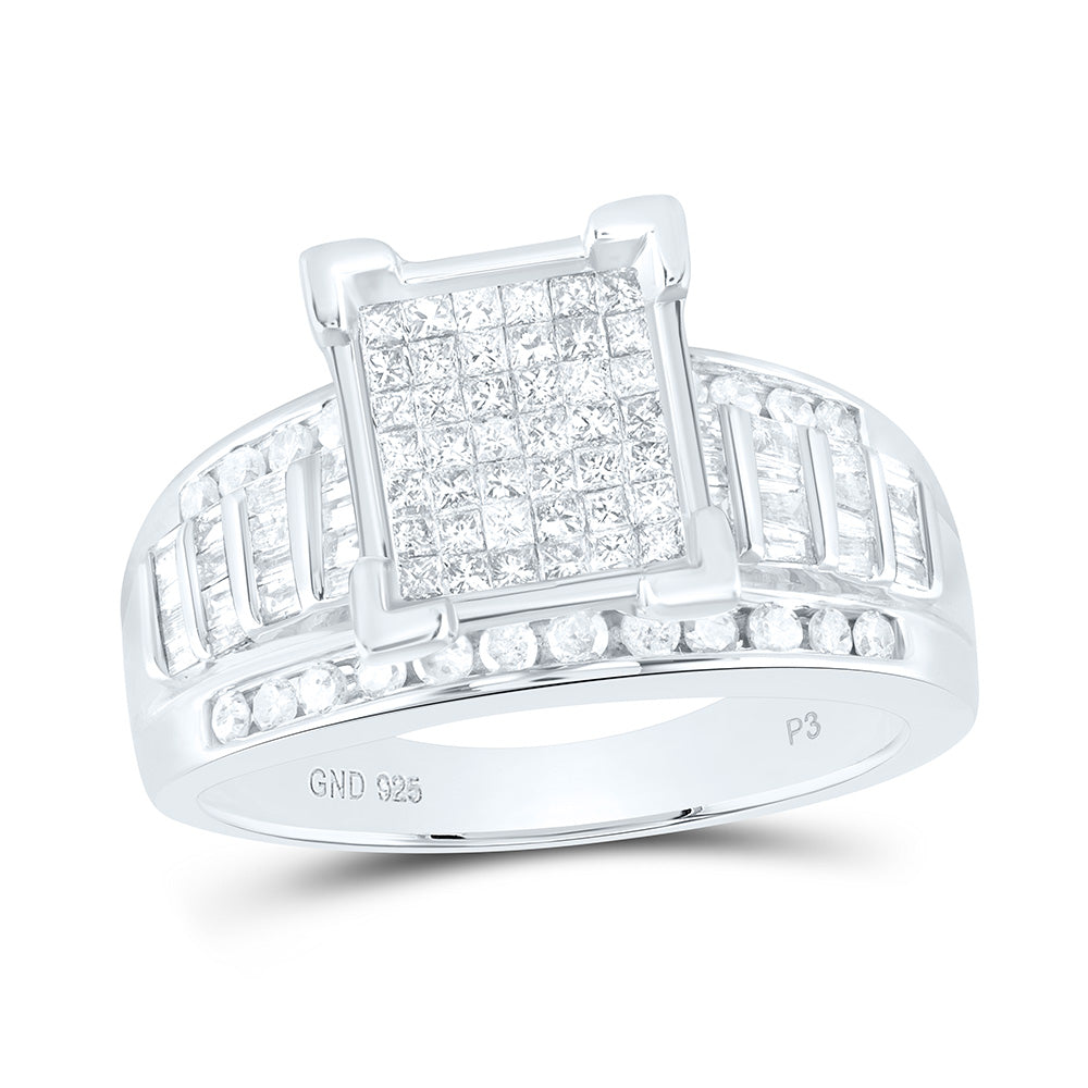 Sterling Silver Womens Princess Diamond Square Cluster Bridal Wedding Engagement Ring 1.00 Cttw 7 Daisy Joyeria