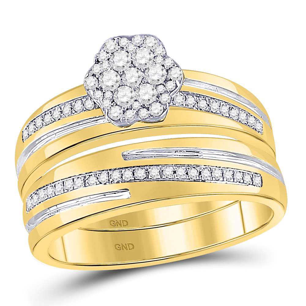 10kt Yellow Gold His Hers Round Diamond Cluster Matching Bridal Wedding Ring Band Set 3/8 Cttw 7 Daisy Joyeria