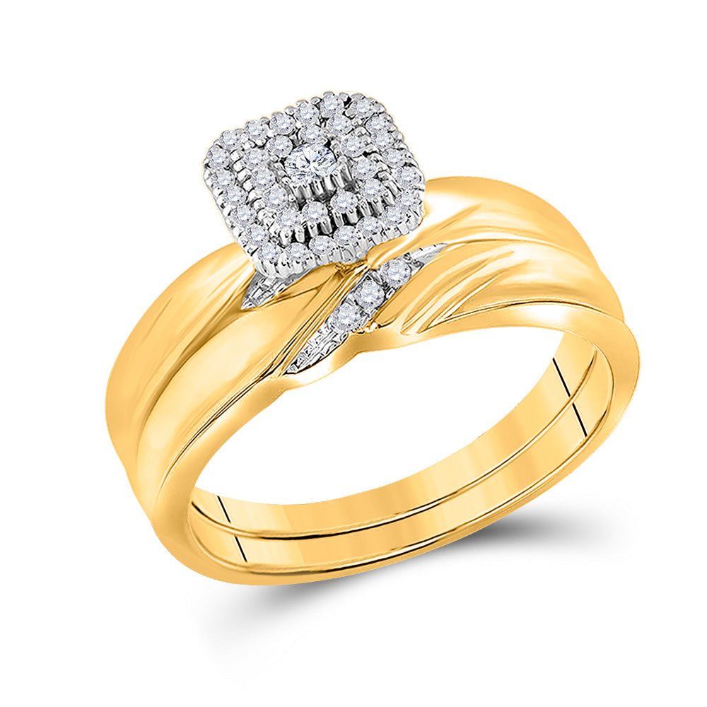 10kt Yellow Gold His Hers Round Diamond Cluster Matching Bridal Wedding Ring Band Set 1/5 Cttw 7 Daisy Joyeria