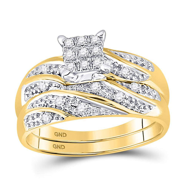 14kt Yellow Gold His Hers Round Diamond Cluster Matching Bridal Wedding Ring Band Set 1/3 Cttw 7 Daisy Joyeria