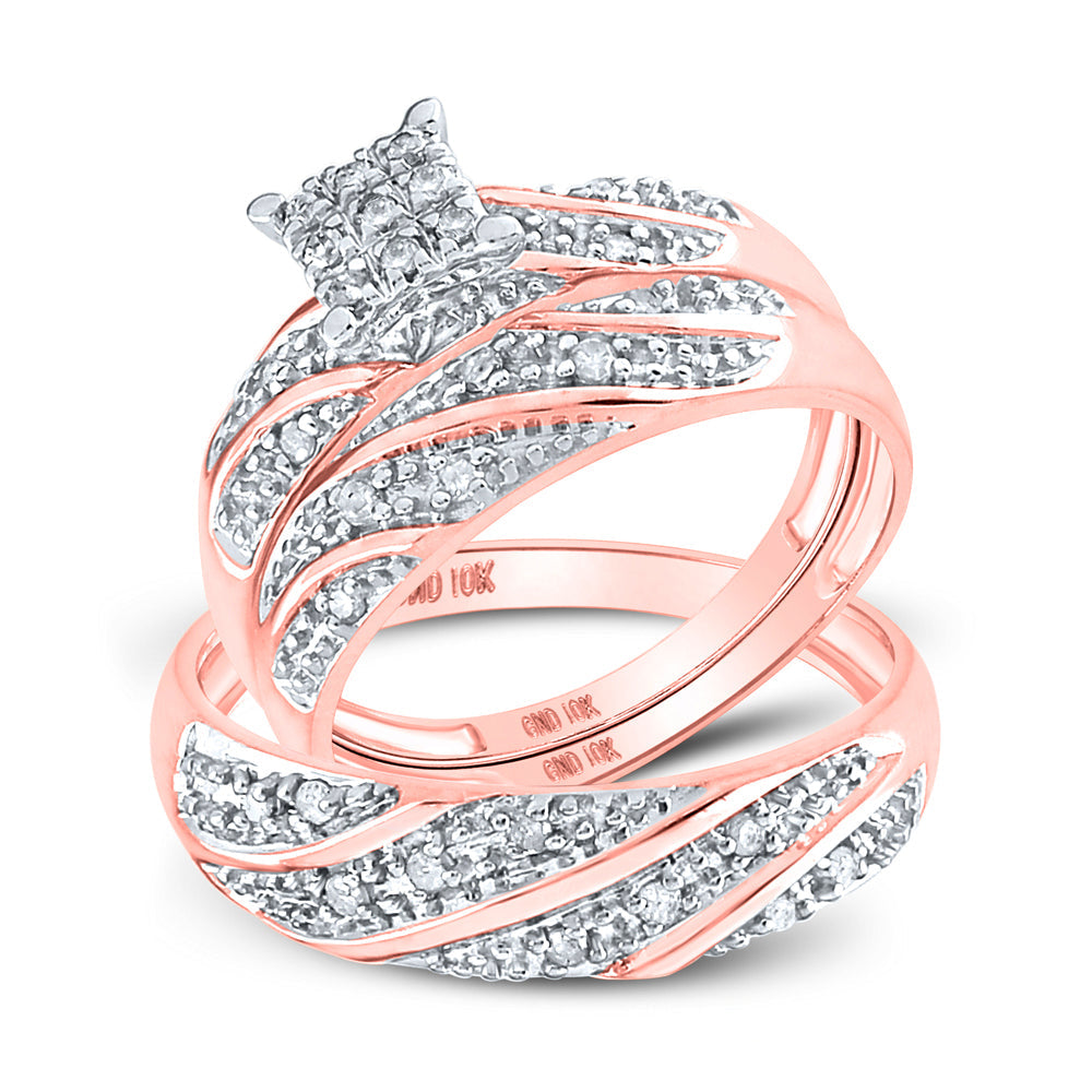 10kt Rose Gold His Hers Round Diamond Cluster Matching Bridal Wedding Ring Band Set 1/3 Cttw 7 Daisy Joyeria