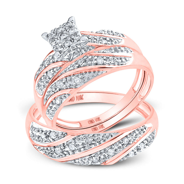 10kt Rose Gold His Hers Round Diamond Cluster Matching Bridal Wedding Ring Band Set 1/3 Cttw 7 Daisy Joyeria
