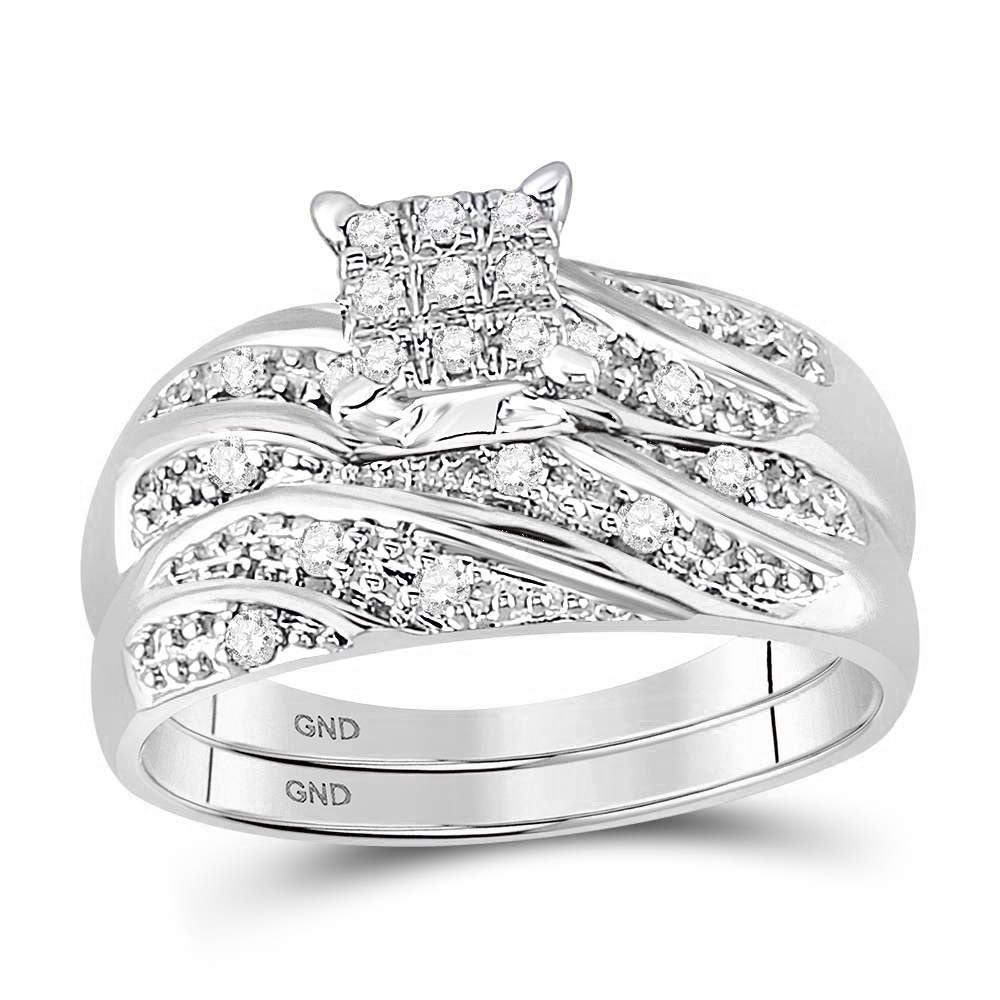 14kt White Gold His Hers Round Diamond Cluster Matching Bridal Wedding Ring Band Set 1/3 Cttw 7 Daisy Joyeria