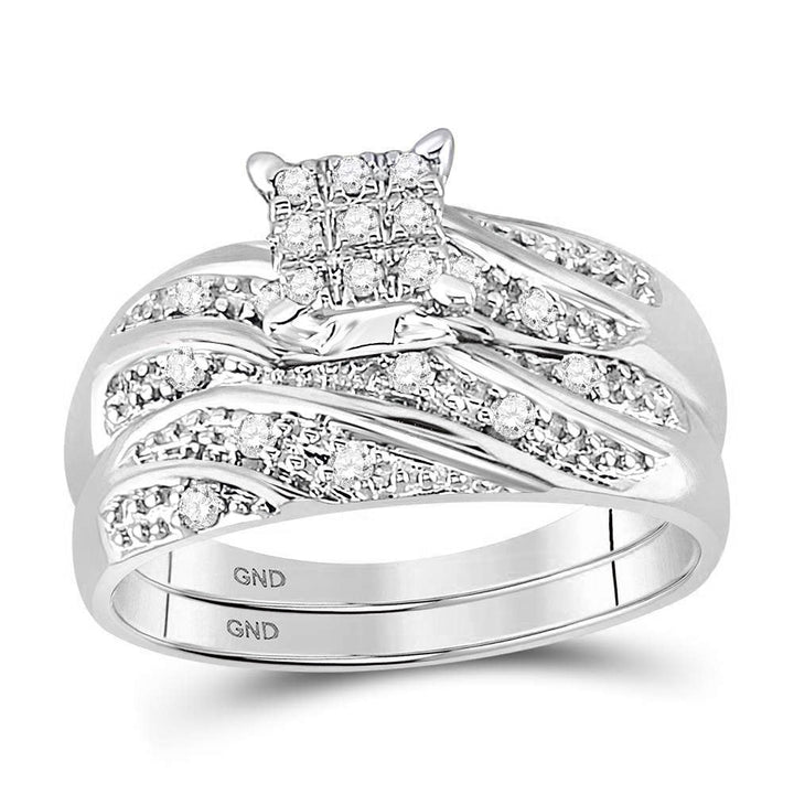 14kt White Gold His Hers Round Diamond Cluster Matching Bridal Wedding Ring Band Set 1/3 Cttw 7 Daisy Joyeria
