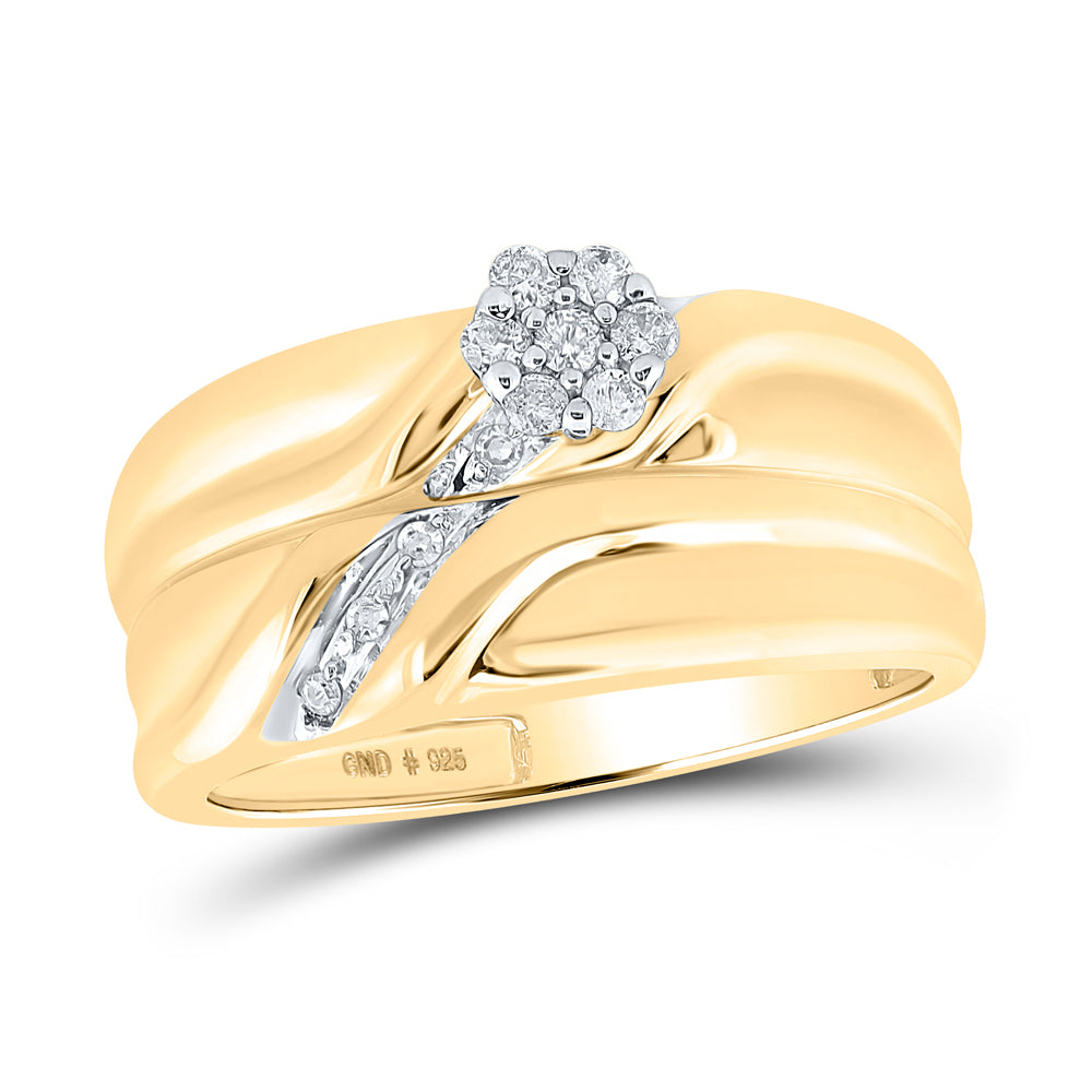 Yellow-tone Sterling Silver His Hers Round Diamond Cluster Matching Bridal Wedding Ring Band Set 1/5 Cttw 7 Daisy Joyeria