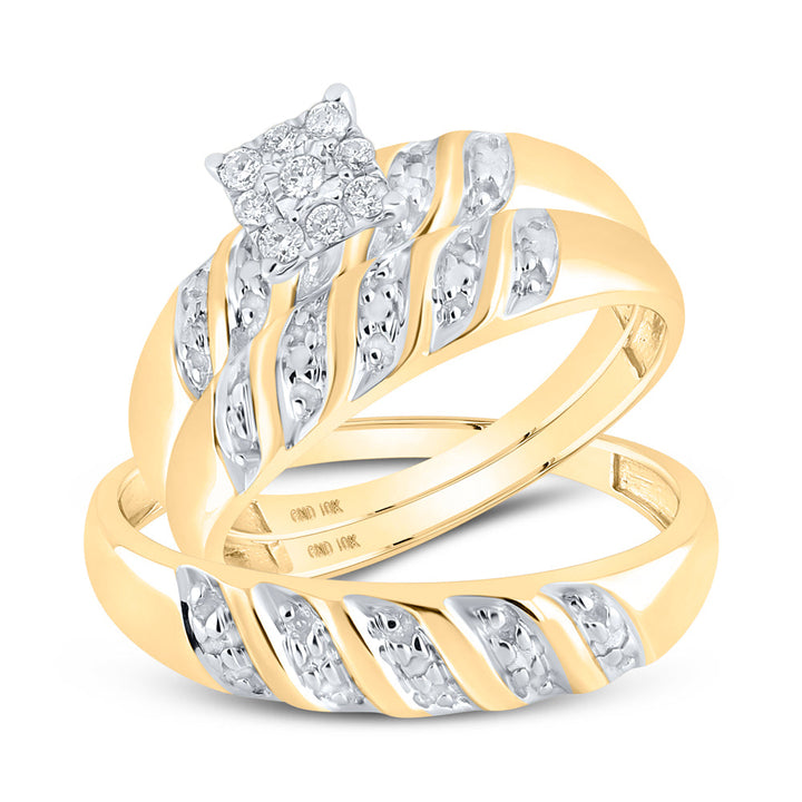 10kt Yellow Gold His Hers Round Diamond Cluster Matching Bridal Wedding Ring Band Set 1/8 Cttw 7 Daisy Joyeria
