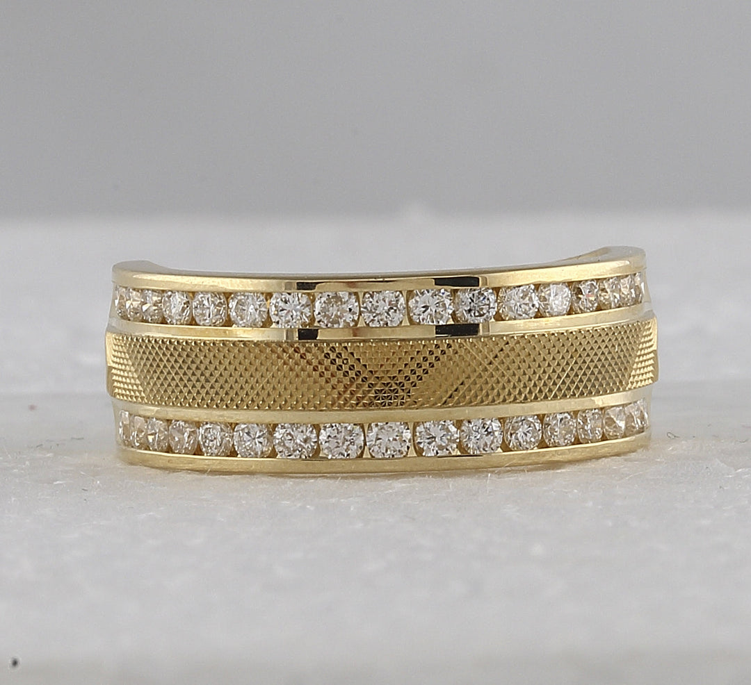 14kt Yellow Gold Mens Round Diamond Double Row Textured Wedding Band Ring 1.00 Cttw 10 Daisy Joyeria