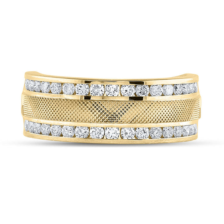 14kt Yellow Gold Mens Round Diamond Double Row Textured Wedding Band Ring 1.00 Cttw 10 Daisy Joyeria