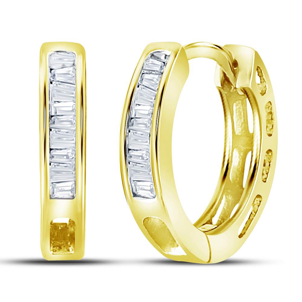 Yellow-tone Sterling Silver Womens Baguette Diamond Huggie Earrings 1/8 Cttw Daisy Joyeria