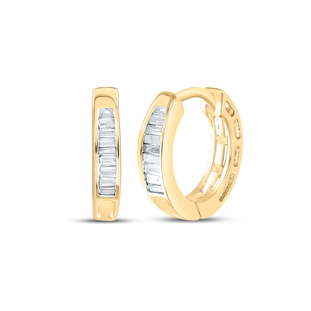 Yellow-tone Sterling Silver Womens Baguette Diamond Huggie Earrings 1/8 Cttw Daisy Joyeria