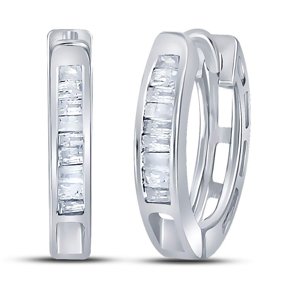 Sterling Silver Womens Baguette Diamond Huggie Earrings 1/8 Cttw Daisy Joyeria