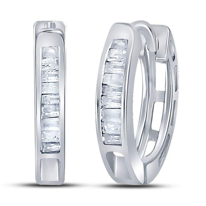 Sterling Silver Womens Baguette Diamond Huggie Earrings 1/8 Cttw Daisy Joyeria