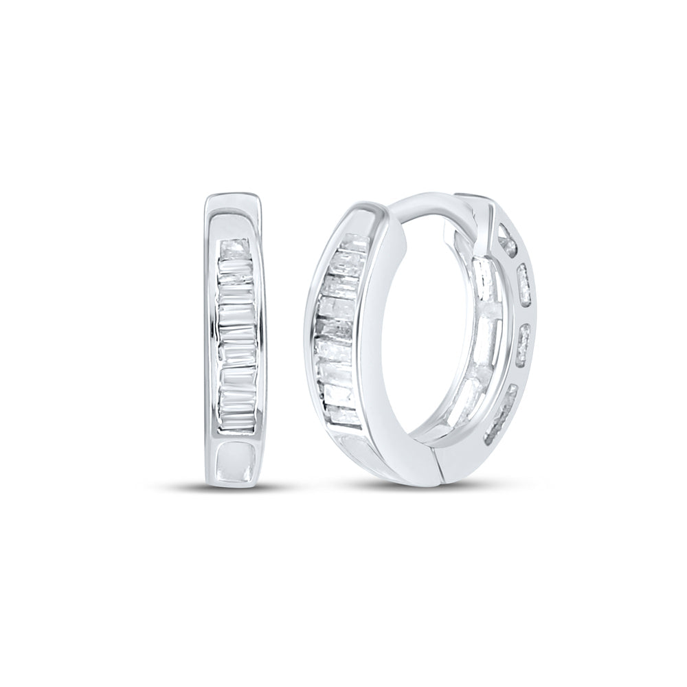Sterling Silver Womens Baguette Diamond Huggie Earrings 1/8 Cttw Daisy Joyeria