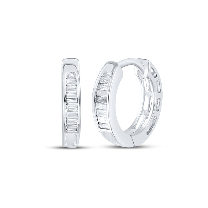 Sterling Silver Womens Baguette Diamond Huggie Earrings 1/8 Cttw Daisy Joyeria