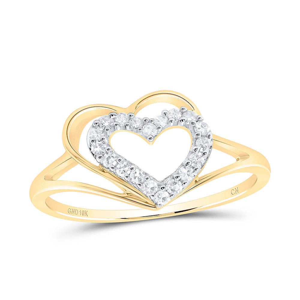 10kt Yellow Gold Womens Round Diamond Double Nested Heart Ring 1/8 Cttw 7 Daisy Joyeria