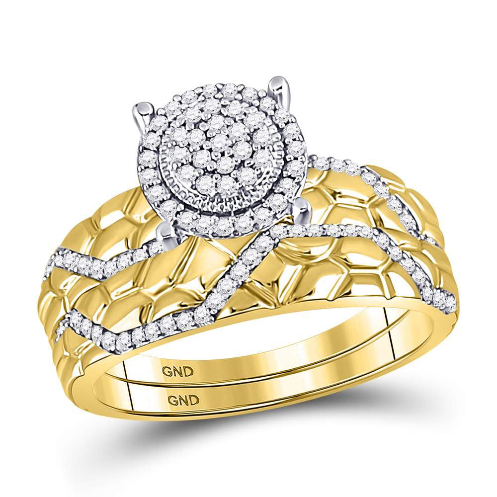 10kt Yellow Gold His Hers Round Diamond Cluster Matching Nugget Bridal Wedding Ring Set 3/8 Cttw 7 Daisy Joyeria