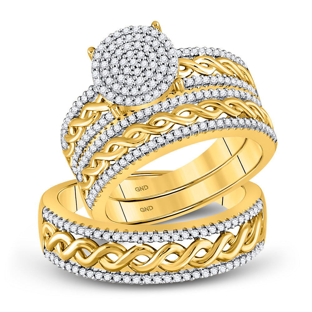 10kt Yellow Gold His Hers Round Diamond Cluster Matching Bridal Wedding Ring Band Set 5/8 Cttw 7 Daisy Joyeria