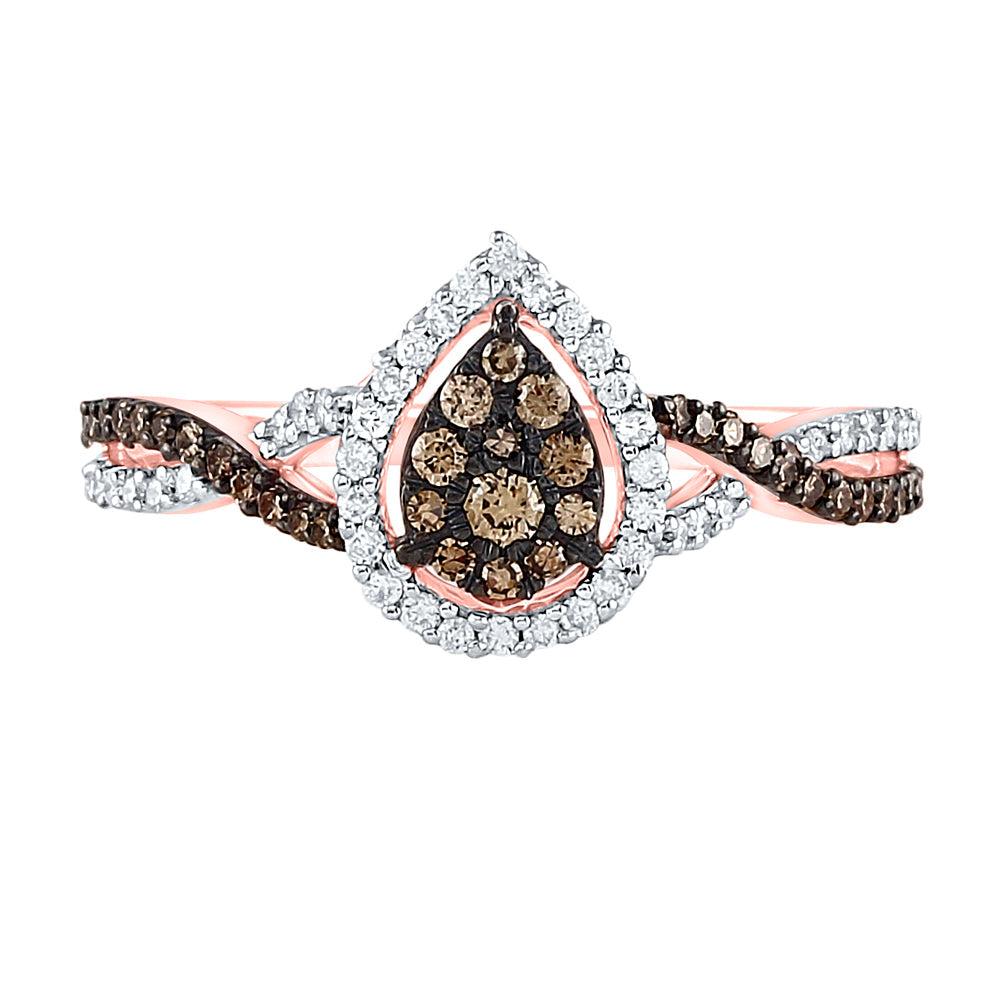 10kt Rose Gold Womens Round Brown Diamond Fashion Pear Cluster Ring 1/3 Cttw 7 Daisy Joyeria