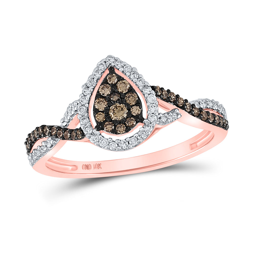 10kt Rose Gold Womens Round Brown Diamond Fashion Pear Cluster Ring 1/3 Cttw 7 Daisy Joyeria