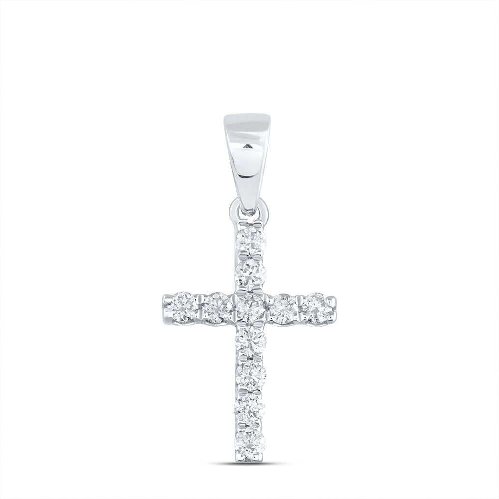 14kt White Gold Womens Round Diamond Faith Cross Pendant 1/5 Cttw Daisy Joyeria
