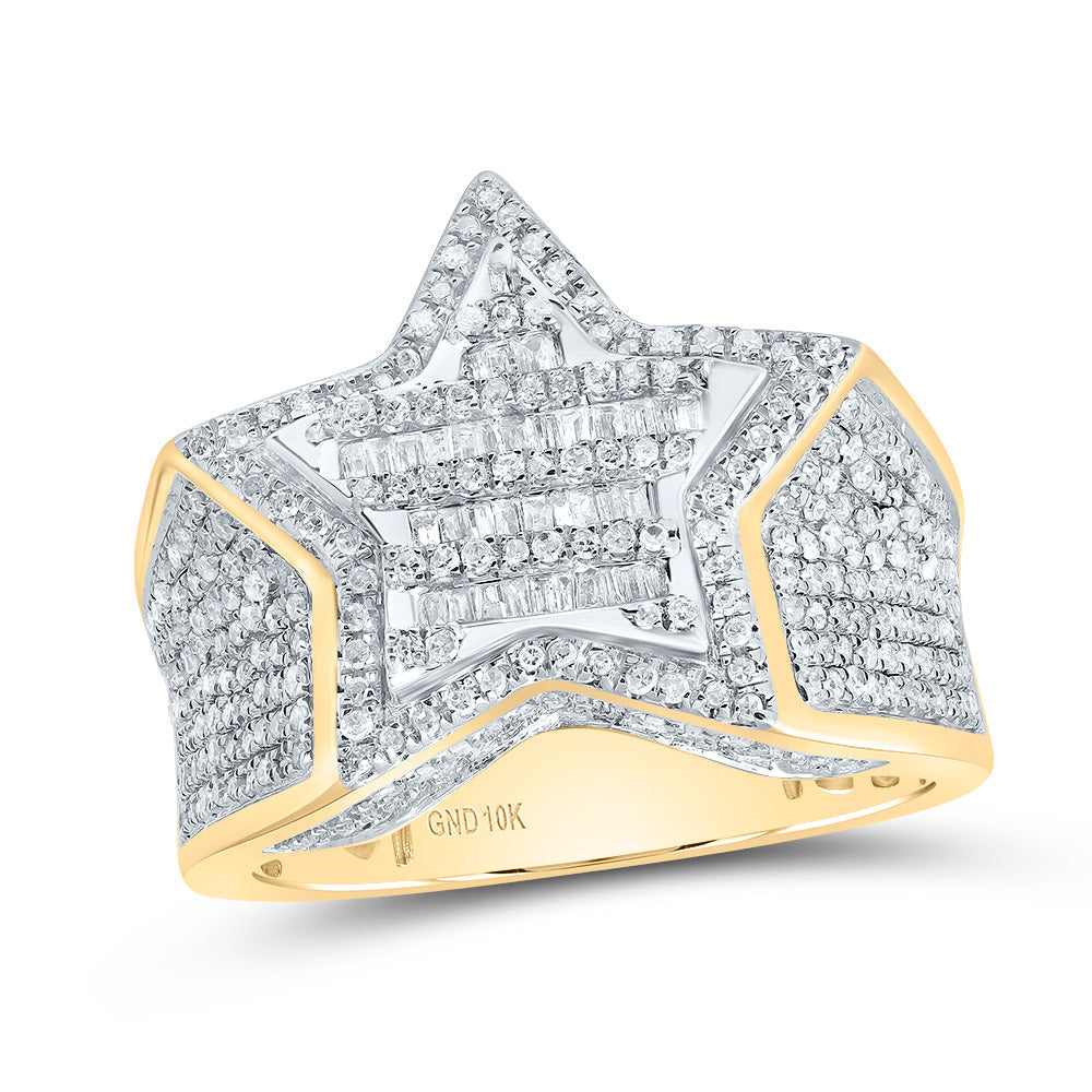 10kt Yellow Gold Mens Baguette Diamond Cluster Star Ring 1.00 Cttw 10 Daisy Joyeria