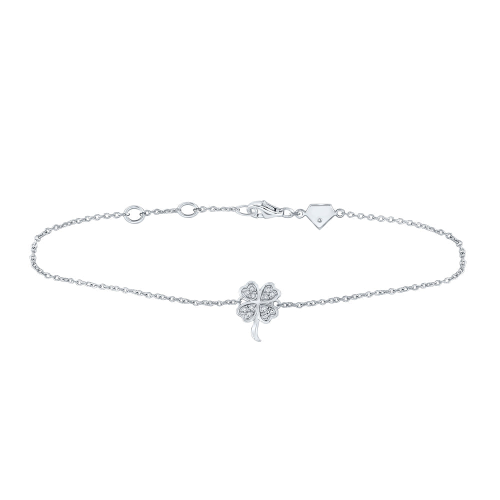 Sterling Silver Womens Round Diamond Lucky Clover Fashion Bracelet 1/10 Cttw Daisy Joyeria