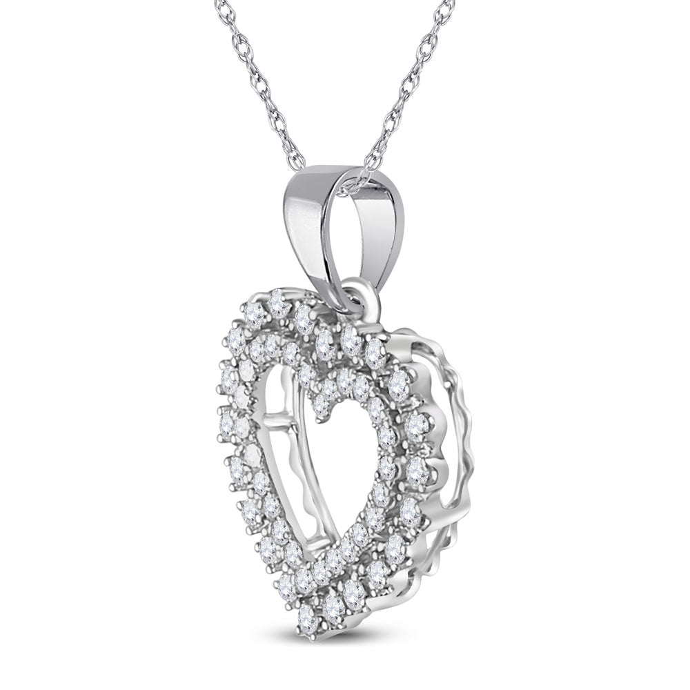 14kt White Gold Womens Round Diamond Double Outline Heart Pendant 3/8 Cttw Daisy Joyeria