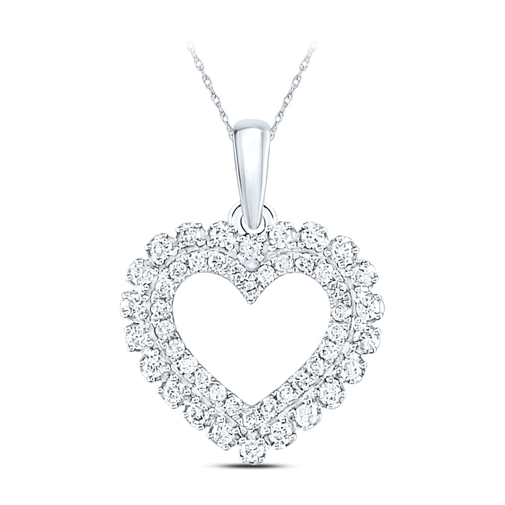 14kt White Gold Womens Round Diamond Double Outline Heart Pendant 3/8 Cttw Daisy Joyeria