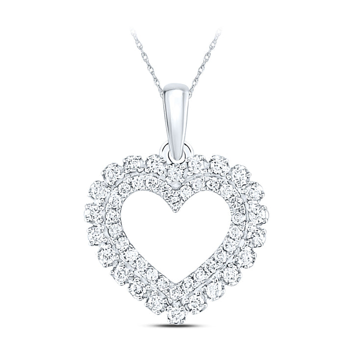 14kt White Gold Womens Round Diamond Double Outline Heart Pendant 3/8 Cttw Daisy Joyeria