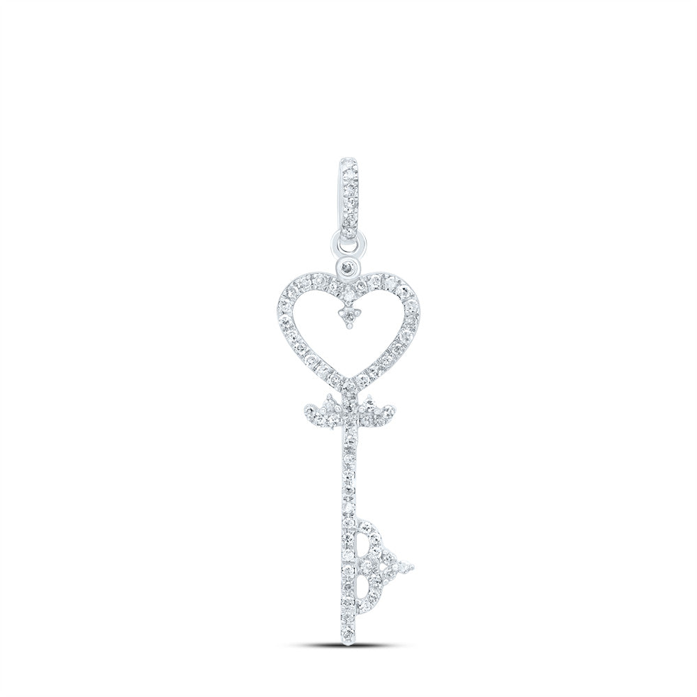 10kt White Gold Womens Round Diamond Key Heart Pendant 1/5 Cttw Daisy Joyeria