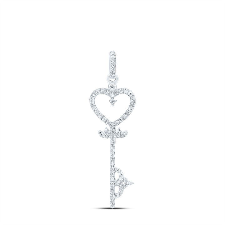 10kt White Gold Womens Round Diamond Key Heart Pendant 1/5 Cttw Daisy Joyeria