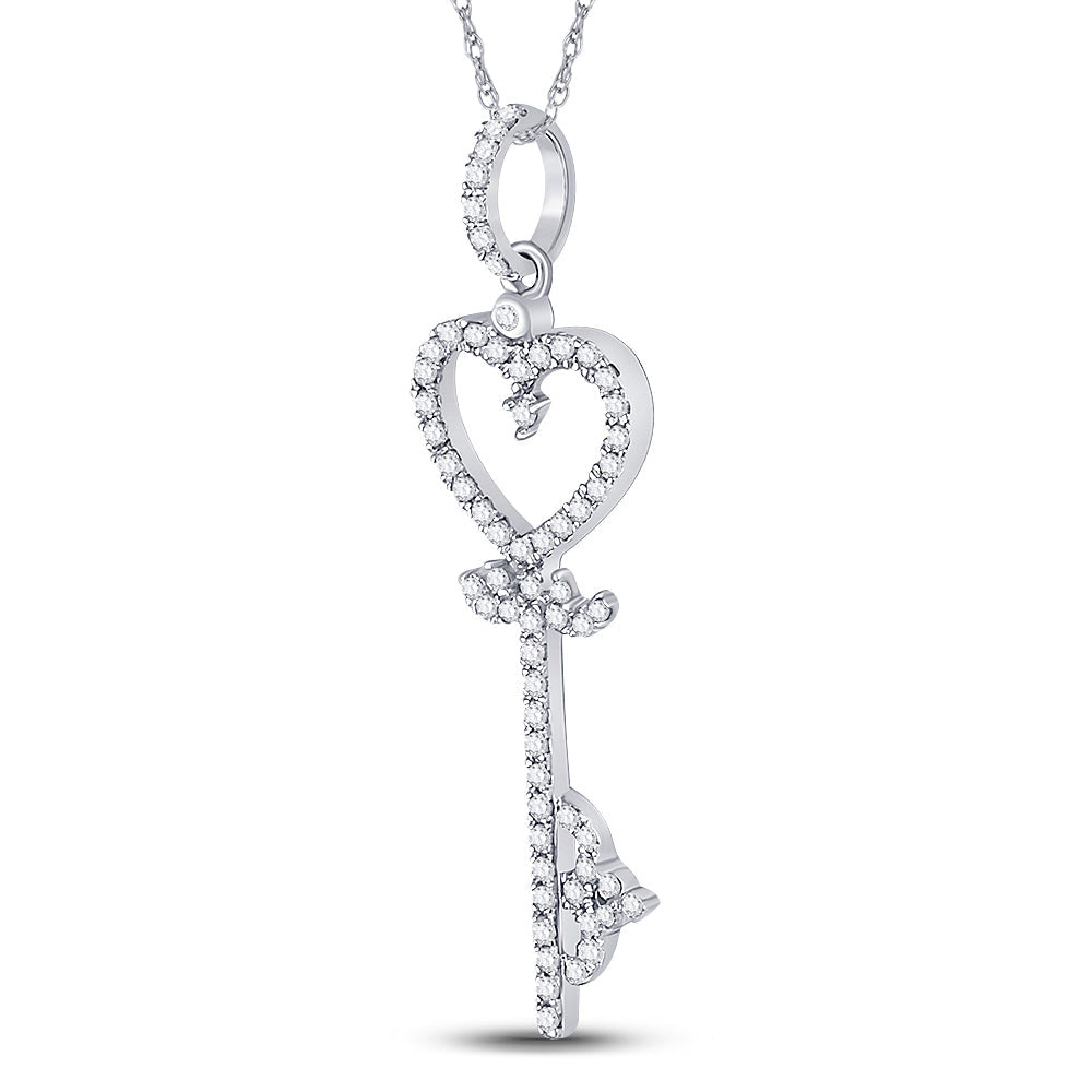 10kt White Gold Womens Round Diamond Key Heart Pendant 1/5 Cttw Daisy Joyeria