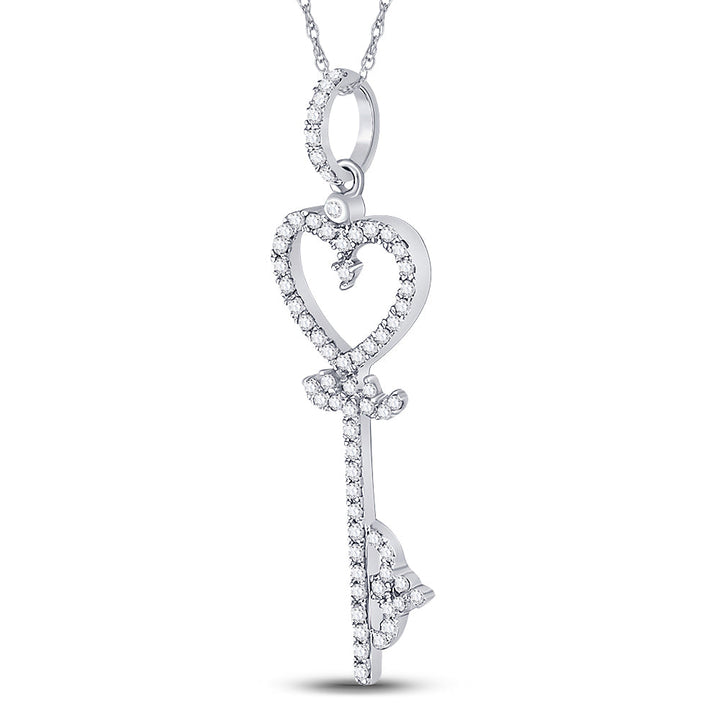 10kt White Gold Womens Round Diamond Key Heart Pendant 1/5 Cttw Daisy Joyeria