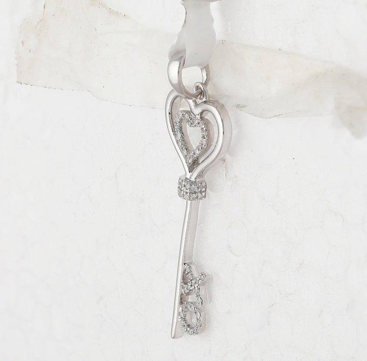 Sterling Silver Womens Round Diamond Heart Key Pendant 1/8 Cttw Daisy Joyeria