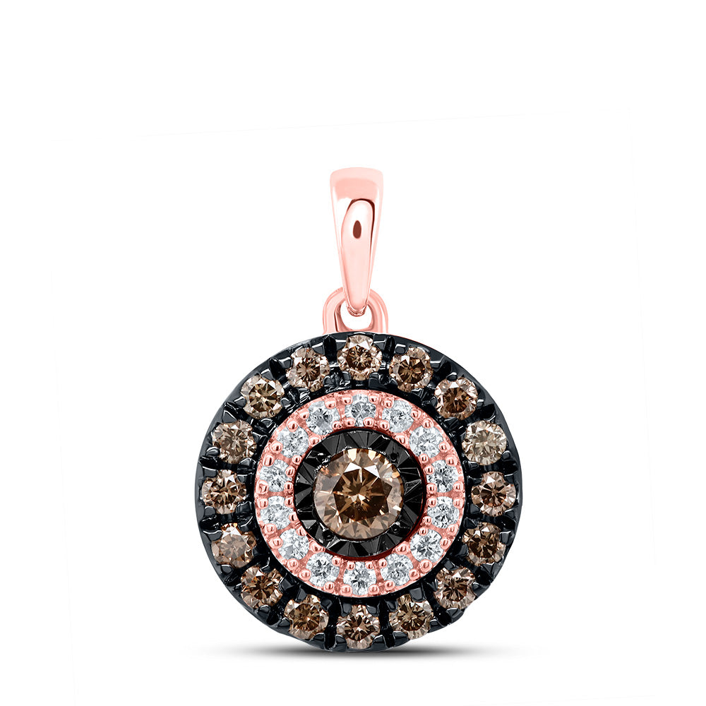 14kt Rose Gold Womens Round Brown Diamond Halo Solitaire Pendant 3/8 Cttw Daisy Joyeria