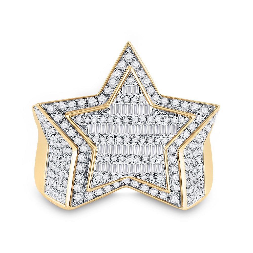 10kt Yellow Gold Mens Baguette Diamond Statement Star Ring 1-1/4 Cttw 10 Daisy Joyeria