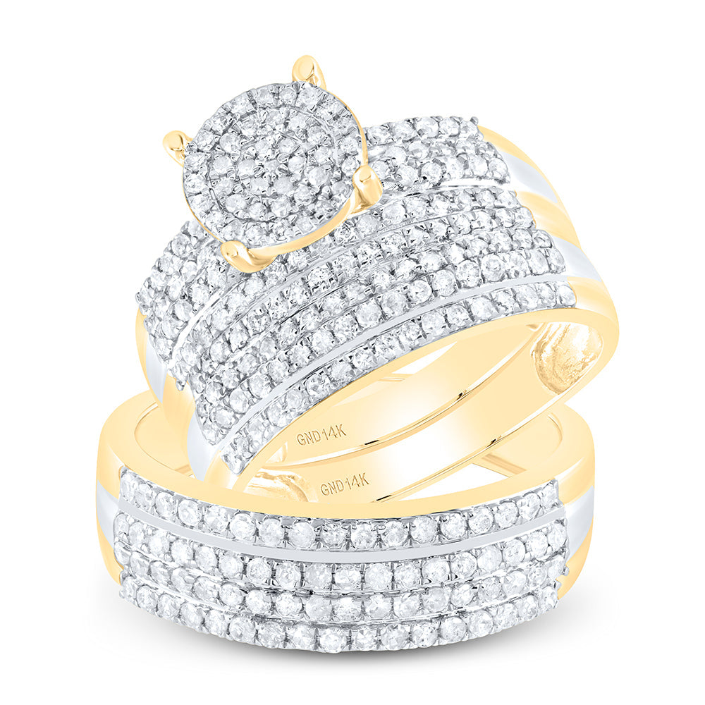 14kt Yellow Gold His Hers Round Diamond Cluster Matching Bridal Wedding Ring Band Set 1-1/3 Cttw 7 Daisy Joyeria