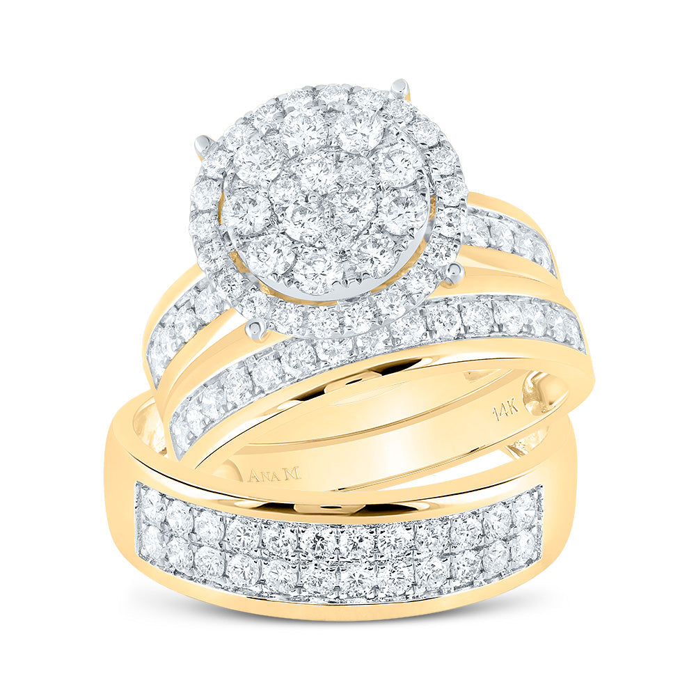 14kt Yellow Gold His Hers Round Diamond Cluster Matching Bridal Wedding Ring Band Set 1-7/8 Cttw 7 Daisy Joyeria