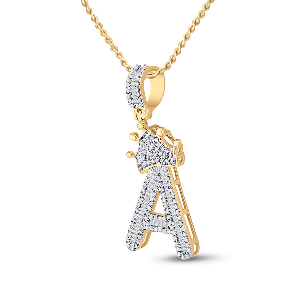 10kt Yellow Gold Mens Baguette Diamond Crown A Letter Charm Pendant 7/8 Cttw Daisy Joyeria