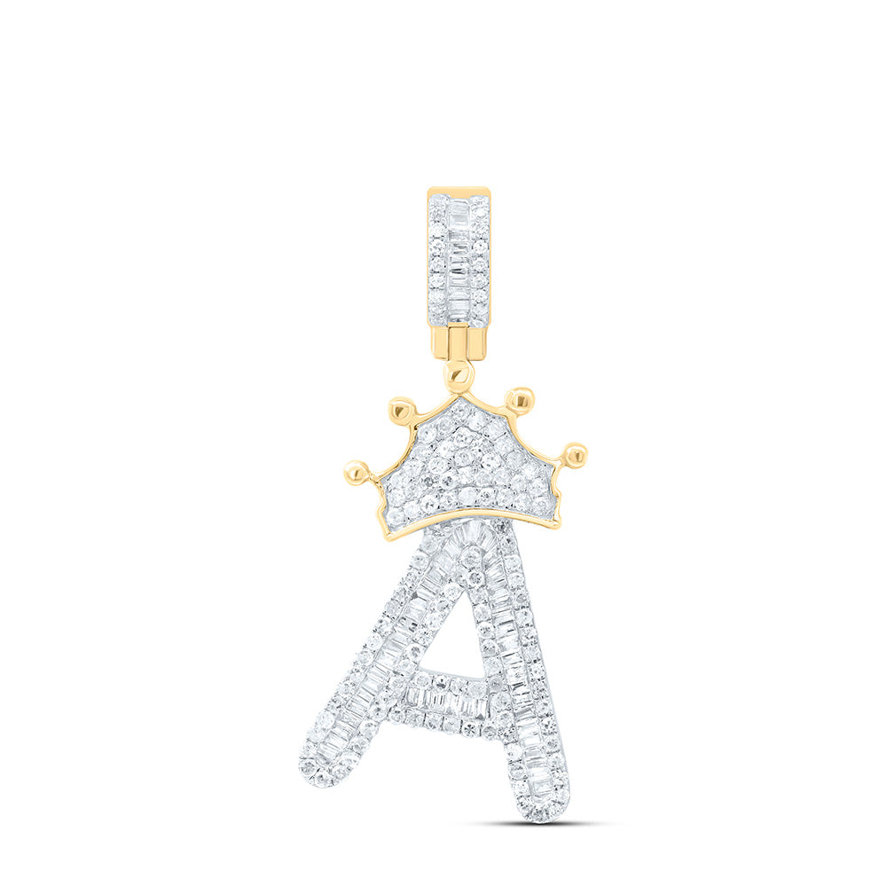 10kt Yellow Gold Mens Baguette Diamond Crown A Letter Charm Pendant 7/8 Cttw Daisy Joyeria