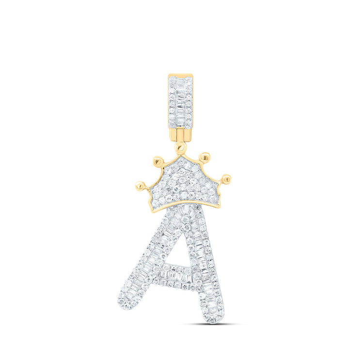 10kt Yellow Gold Mens Baguette Diamond Crown A Letter Charm Pendant 7/8 Cttw Daisy Joyeria