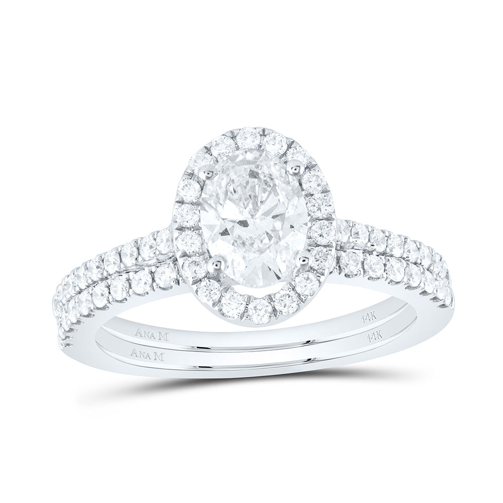 ANA MADELYN 14kt Yellow Gold Oval Diamond Halo Bridal Wedding Ring Band Set 1-1/2 Cttw 7 Daisy Joyeria