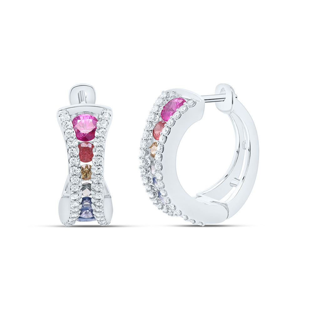 1/4CTW-DIA CN 1 3/8CT- RD- NAT GEM MULTI CLR SAPPHIRE HOOP EARRING Daisy Joyeria