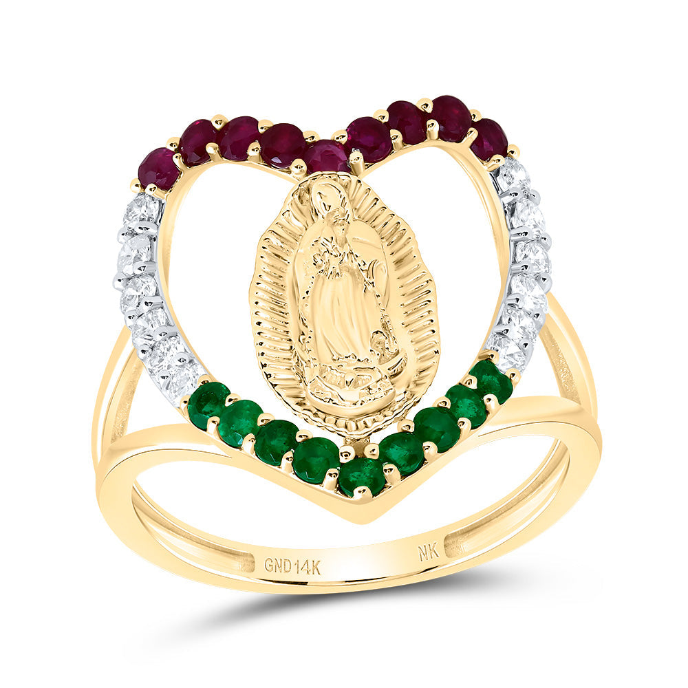 1/3CTW-DIA NK 1/5CTW RD-RU,1/5CTW RD-EM NAT GEM VIRGIN MOTHER MARY HEART RING 7 Daisy Joyeria