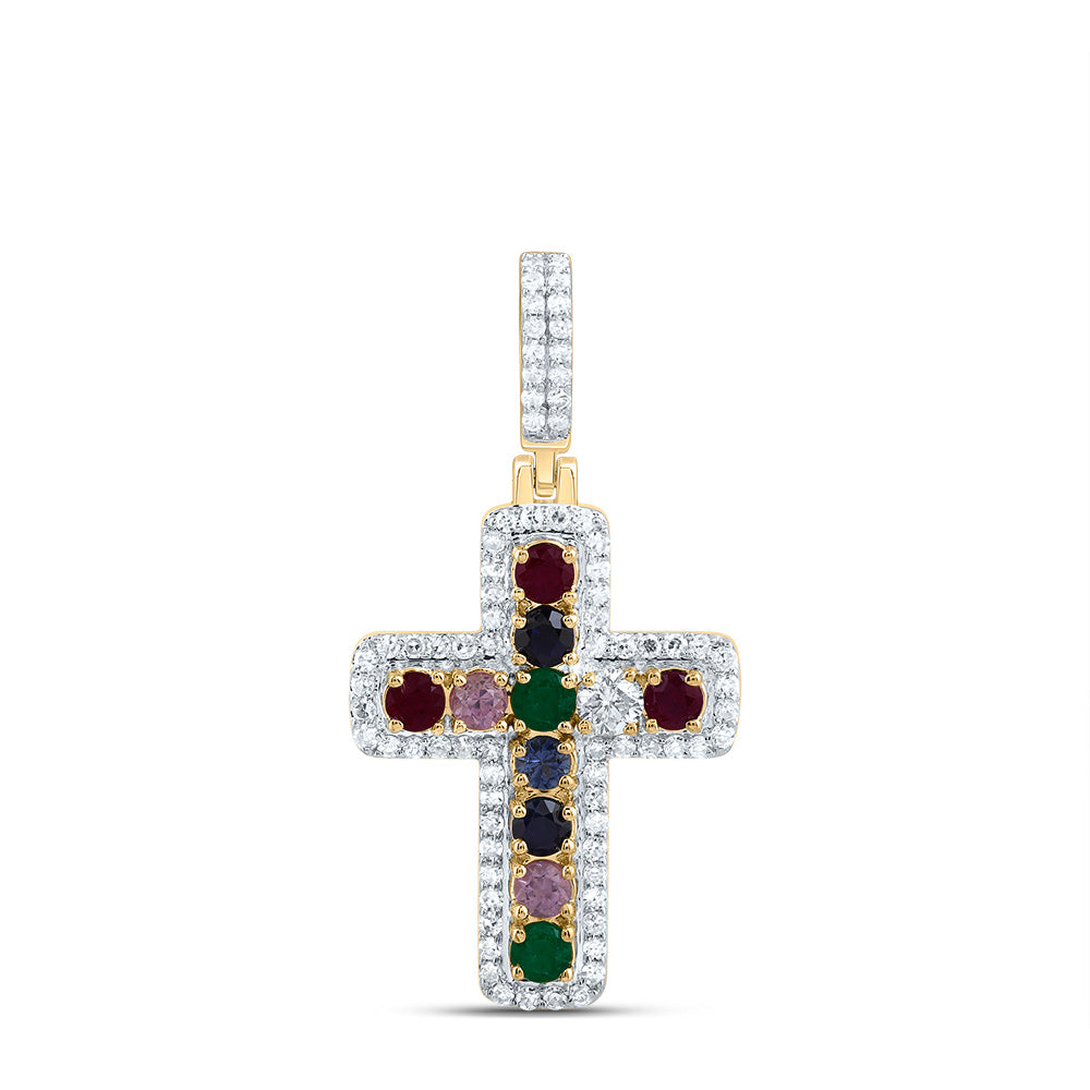 1/4CTW-NAT DIA CN 1/2CTW-RD-NAT GEM MULTI CLR SAPPHIRE CROSS PENDANT Daisy Joyeria