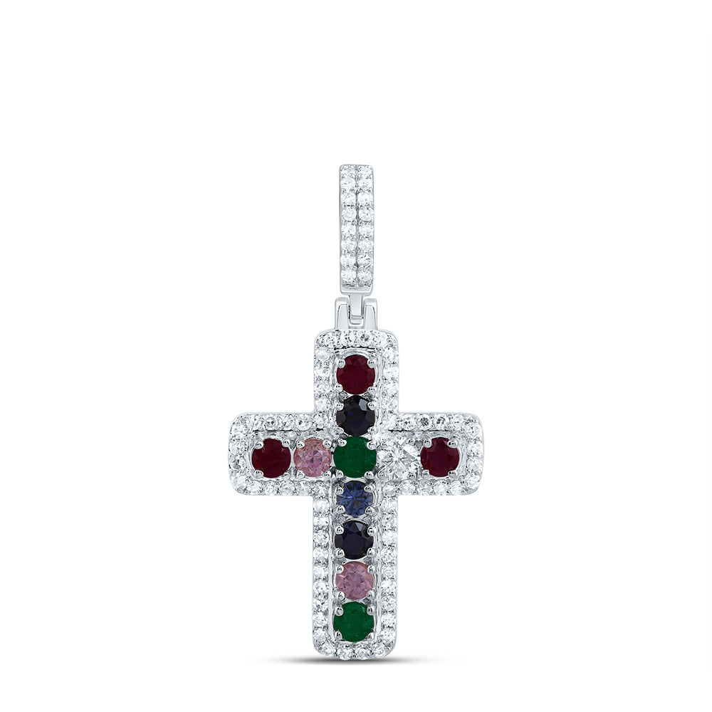 1/4CTW-NAT DIA CN 1/2CTW-RD-NAT GEM MULTI CLR SAPPHIRE CROSS PENDANT Daisy Joyeria