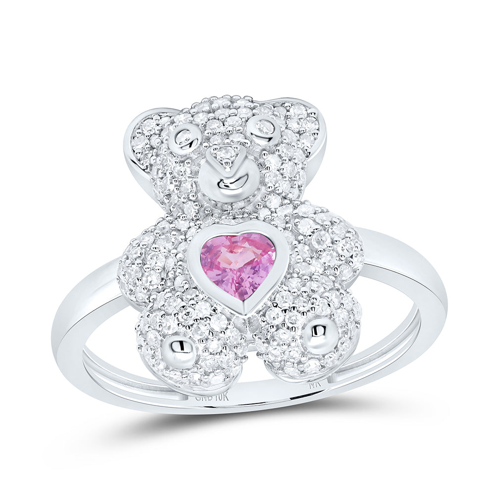 1/2CTW-NAT DIA NK 4MM HS-PINK SAPP NAT GEM HEART TEDDY BEAR RING Daisy Joyeria