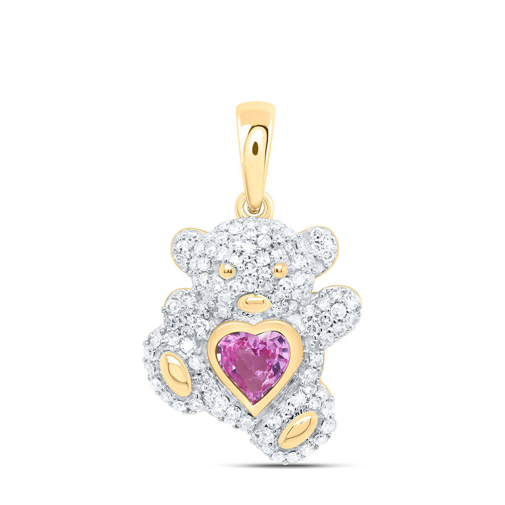 3/8CTW-NAT DIA NK 5MM HS-PINK SAPP NAT GEM HEART TEDDY BEAR PENDANT Daisy Joyeria